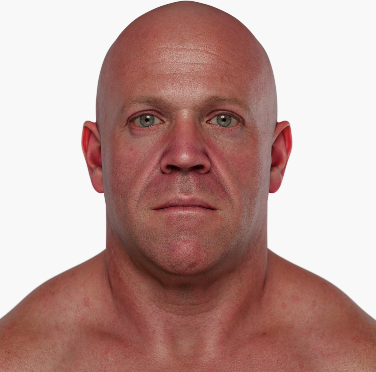 High-resolution head scan render of a middle-aged heavy-set male 3D model with strong jawline and smooth skin detail